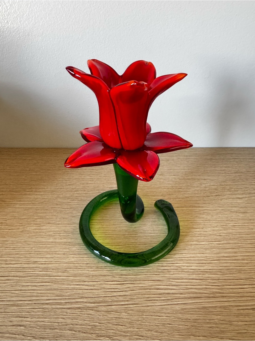 Red Glass Flower Sculpture or Candle Holder with Green Stem - Picture 7 of 9